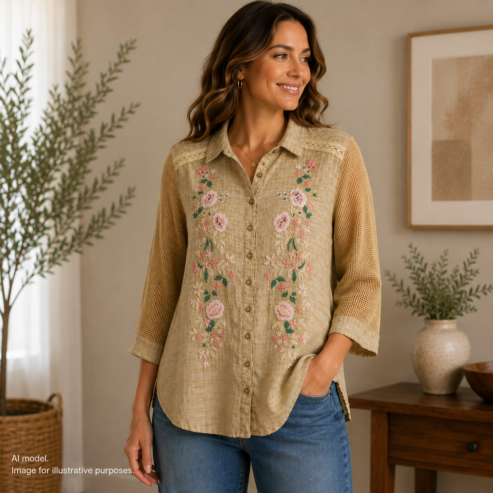 Aratta Silent Journey Shirt Women Medium Tan Embroidered Linen Lace Prairie Boho